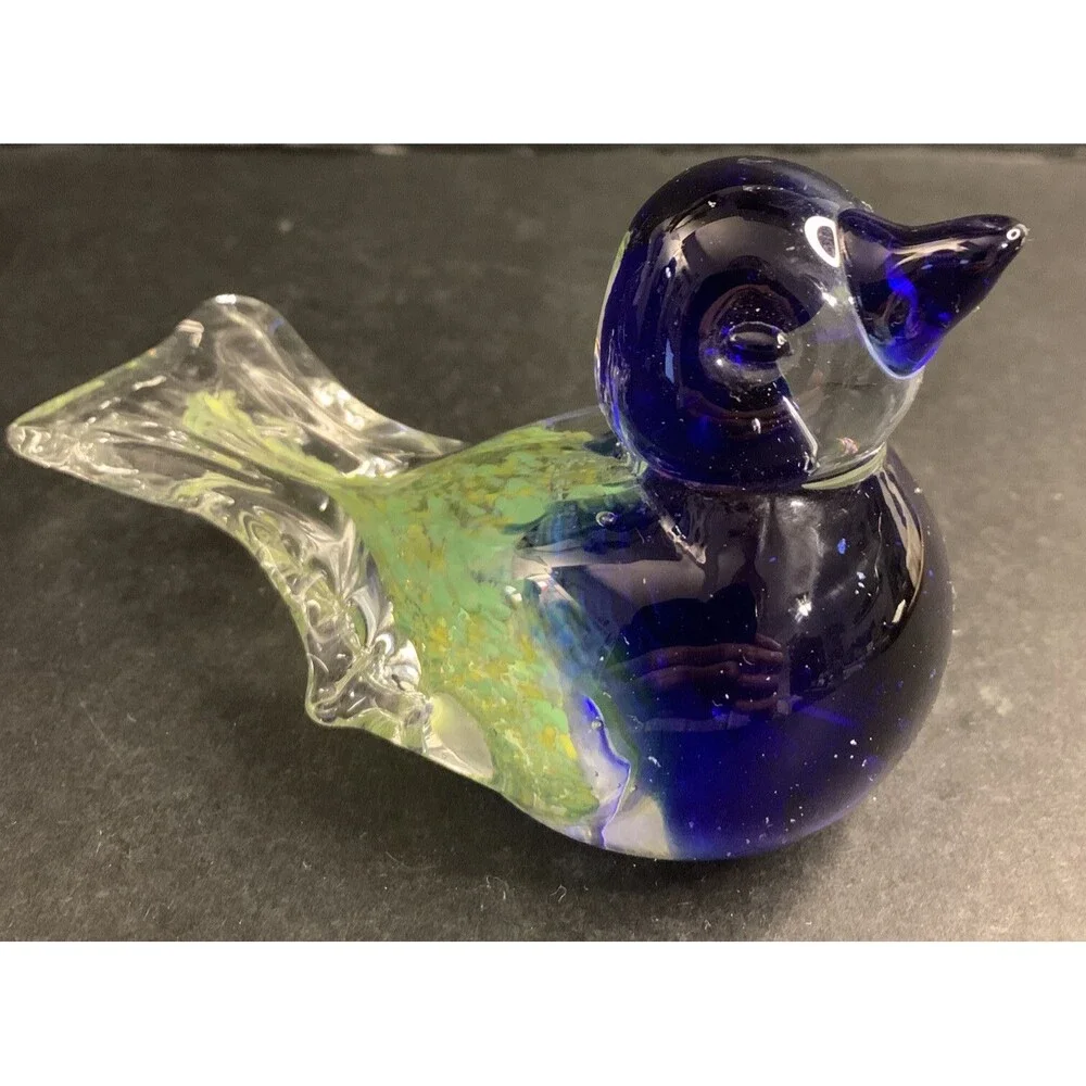 Art Glass Bird Paperweight Blue Green Yellow